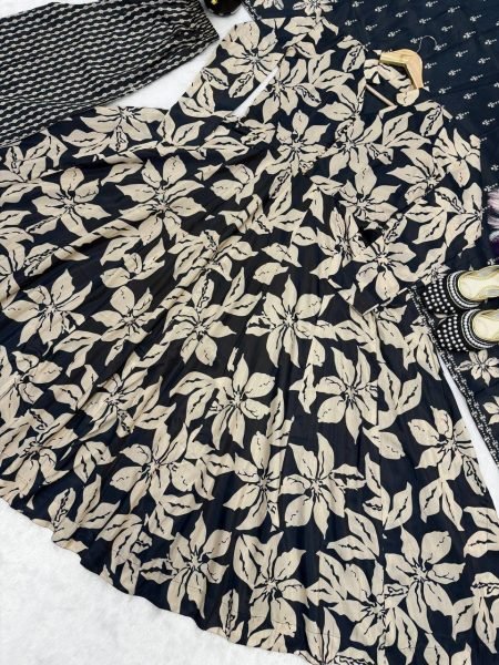 Gorgeous Black Maslin Cotton Digital Print Anarkali Suit with Chiffon Dupatta Ready To Wear Collection