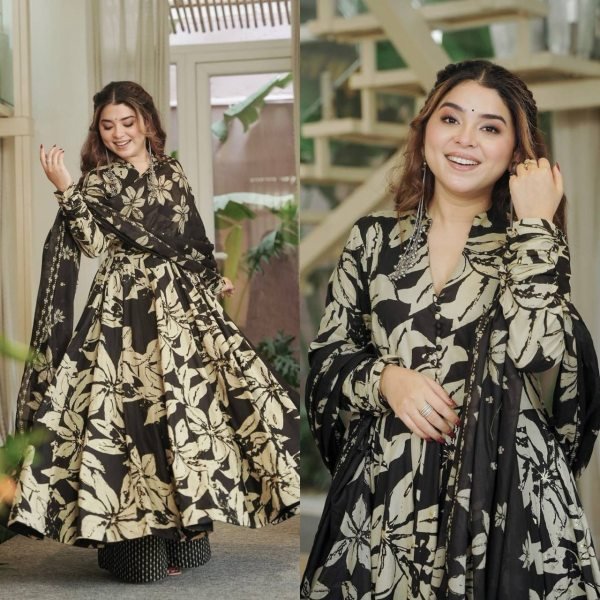 Gorgeous Black Maslin Cotton Digital Print Anarkali Suit with Chiffon Dupatta Ready To Wear Collection