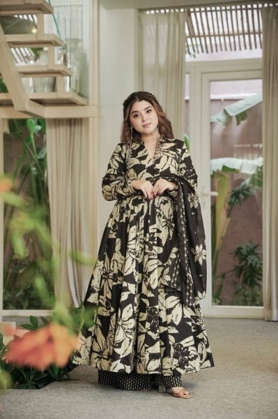 Gorgeous Black Maslin Cotton Digital Print Anarkali Suit with Chiffon Dupatta Ready To Wear Collection