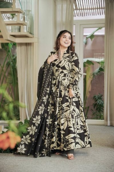 Gorgeous Black Maslin Cotton Digital Print Anarkali Suit with Chiffon Dupatta Ready To Wear Collection