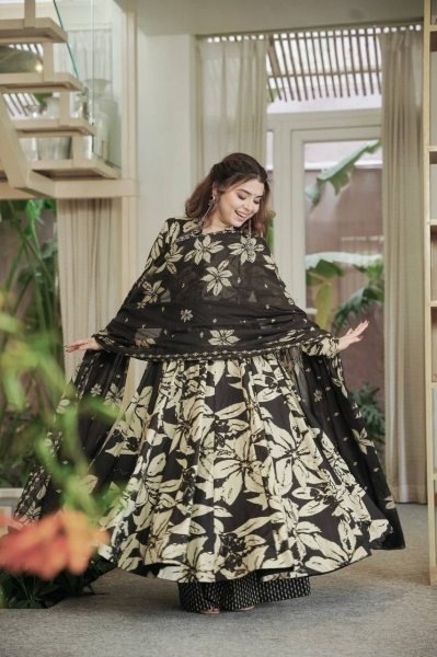 Gorgeous Black Maslin Cotton Digital Print Anarkali Suit with Chiffon Dupatta Ready To Wear Collection