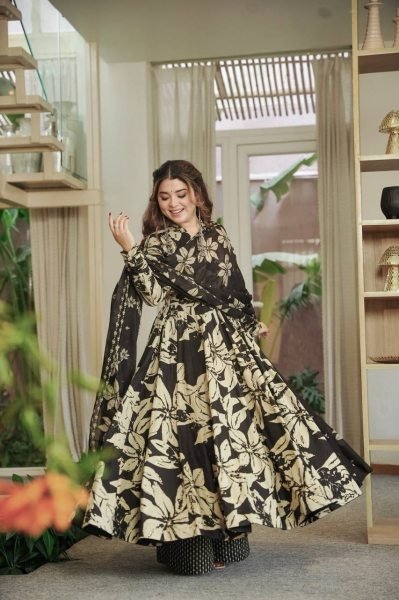 Gorgeous Black Maslin Cotton Digital Print Anarkali Suit with Chiffon Dupatta Ready To Wear Collection