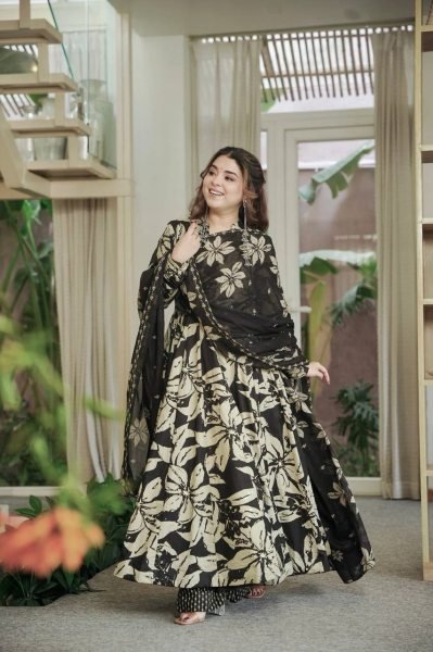 Gorgeous Black Maslin Cotton Digital Print Anarkali Suit with Chiffon Dupatta Ready To Wear Collection