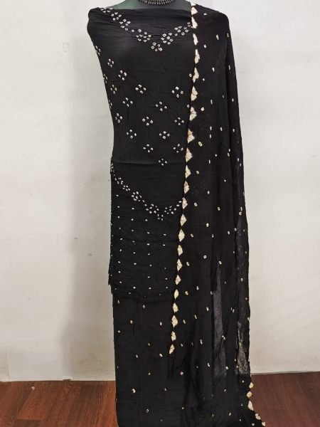 Gorgeous Black Pure Rayon Hand Bandhej Dress Material with Bottom and Dupatta Dress Material 