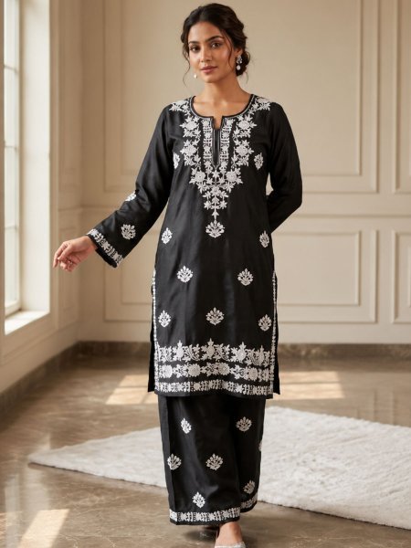 Gorgeous Black Rayon Kurti Pant Set with Elegant Embroidery Work 
