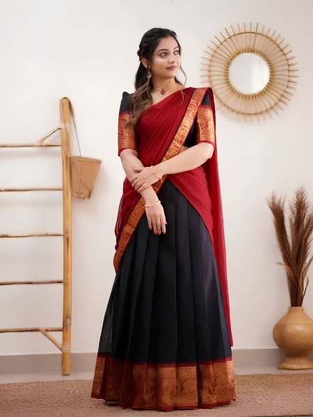 Gorgeous Black Red South Indian Style Kanjivaram Silk Half Saree Lehenga Set  Lehenga