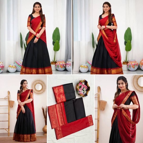 Gorgeous Black Red South Indian Style Kanjivaram Silk Half Saree Lehenga Set Half Saree Lehenga