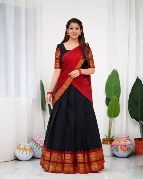 Gorgeous Black Red South Indian Style Kanjivaram Silk Half Saree Lehenga Set Half Saree Lehenga
