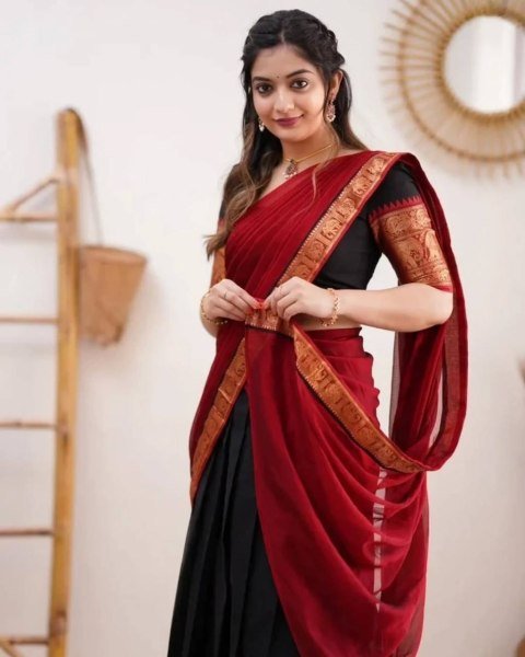 Gorgeous Black Red South Indian Style Kanjivaram Silk Half Saree Lehenga Set Half Saree Lehenga