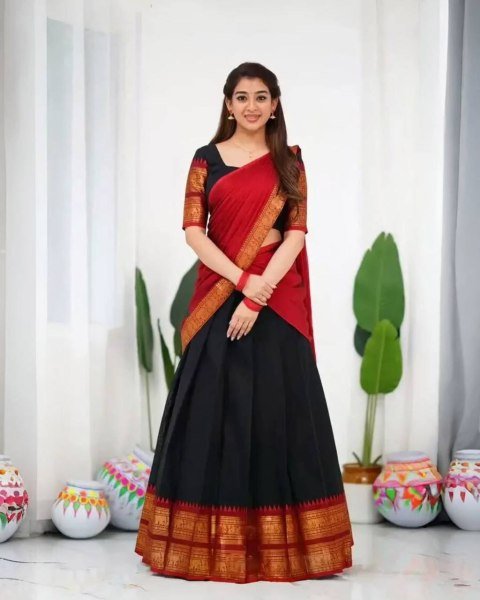 Gorgeous Black Red South Indian Style Kanjivaram Silk Half Saree Lehenga Set Half Saree Lehenga