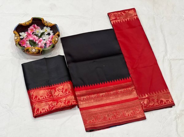 Gorgeous Black Red South Indian Style Kanjivaram Silk Half Saree Lehenga Set Half Saree Lehenga