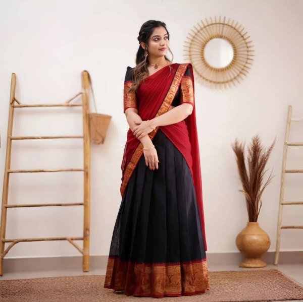Gorgeous Black Red South Indian Style Kanjivaram Silk Half Saree Lehenga Set Half Saree Lehenga