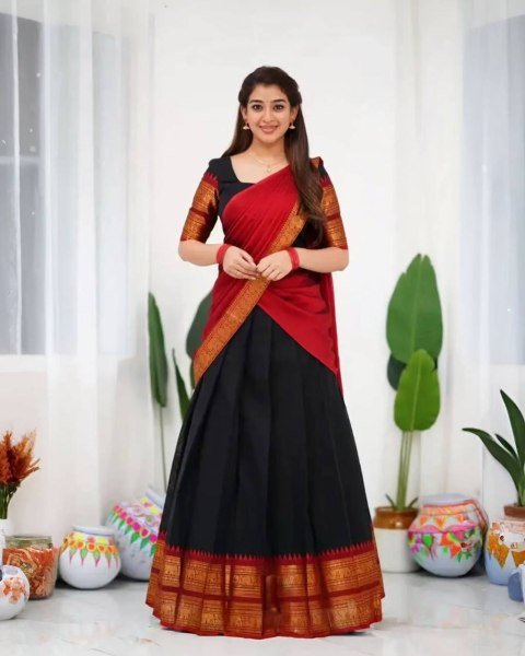 Gorgeous Black Red South Indian Style Kanjivaram Silk Half Saree Lehenga Set Half Saree Lehenga