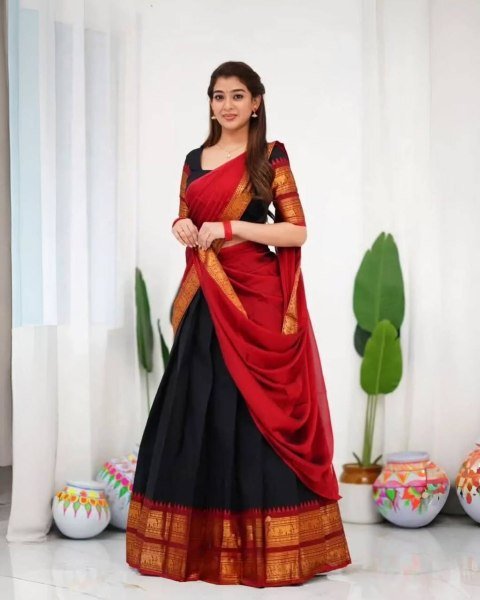 Gorgeous Black Red South Indian Style Kanjivaram Silk Half Saree Lehenga Set Half Saree Lehenga