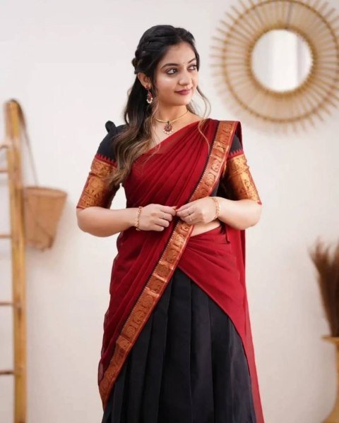 Gorgeous Black Red South Indian Style Kanjivaram Silk Half Saree Lehenga Set Half Saree Lehenga