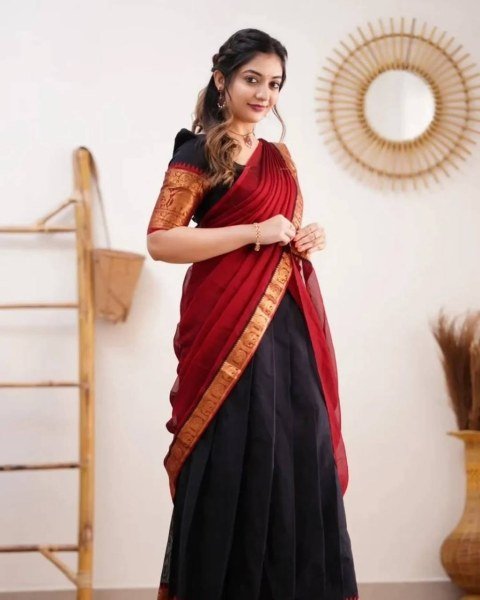 Gorgeous Black Red South Indian Style Kanjivaram Silk Half Saree Lehenga Set Half Saree Lehenga