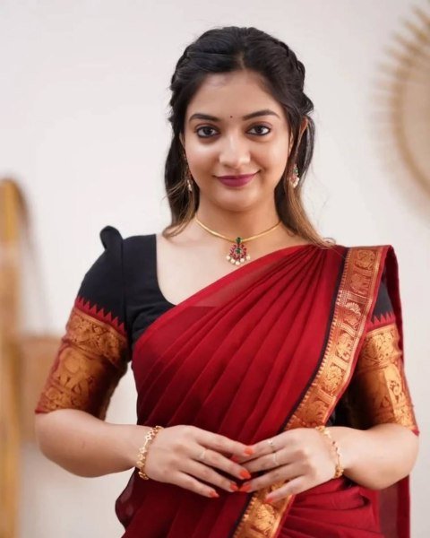 Gorgeous Black Red South Indian Style Kanjivaram Silk Half Saree Lehenga Set Half Saree Lehenga