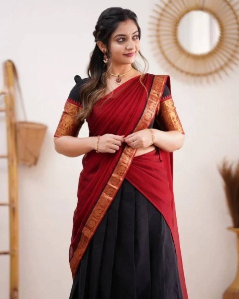 Gorgeous Black Red South Indian Style Kanjivaram Silk Half Saree Lehenga Set Half Saree Lehenga