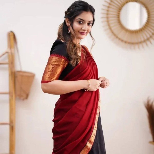 Gorgeous Black Red South Indian Style Kanjivaram Silk Half Saree Lehenga Set Half Saree Lehenga
