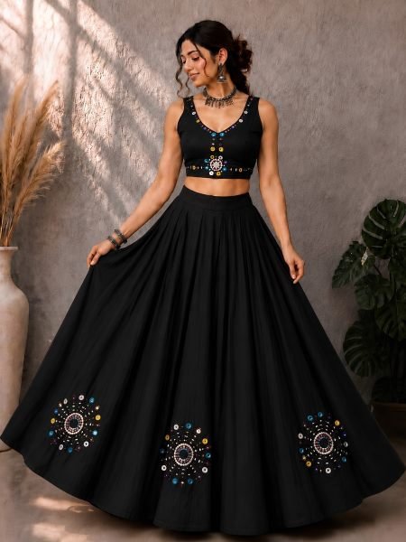 Gorgeous Black Roman Silk Lehenga Choli with Real Mirror Hand Work For Wedding Navratri Collection
