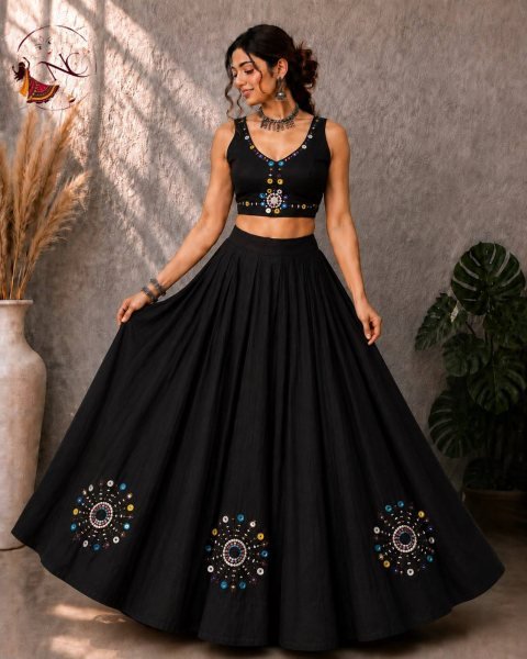 Gorgeous Black Roman Silk Lehenga Choli with Real Mirror Hand Work For Wedding Navratri Lehnega Choli