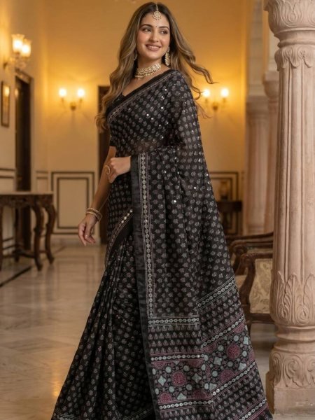 Gorgeous Black Soft Satin Saree with Ajrakh Print and Matching Blouse Sarees 