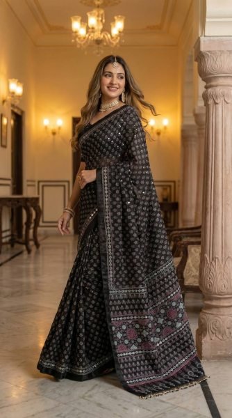 Bold Black Soft Satin Saree with Ajrakh Print and Matching Blouse Printed Cotton Sarees Wholesale