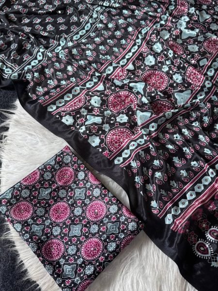 Bold Black Soft Satin Saree with Ajrakh Print and Matching Blouse Printed Cotton Sarees Wholesale