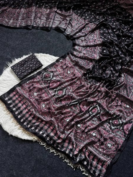 Bold Black Soft Satin Saree with Ajrakh Print and Matching Blouse Printed Cotton Sarees Wholesale