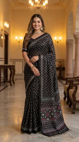 Bold Black Soft Satin Saree with Ajrakh Print and Matching Blouse Printed Cotton Sarees Wholesale