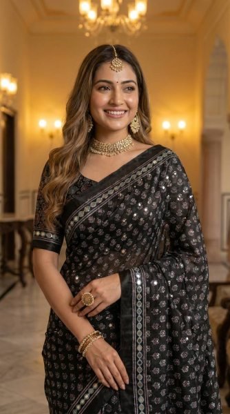 Bold Black Soft Satin Saree with Ajrakh Print and Matching Blouse Printed Cotton Sarees Wholesale