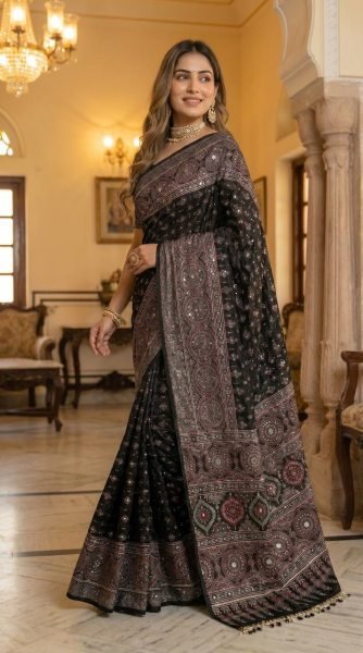 Bold Black Soft Satin Saree with Ajrakh Print and Matching Blouse Printed Cotton Sarees Wholesale