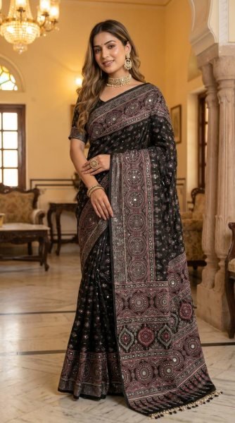 Bold Black Soft Satin Saree with Ajrakh Print and Matching Blouse Printed Cotton Sarees Wholesale