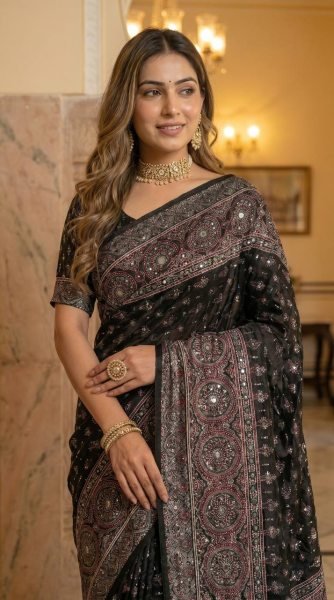 Bold Black Soft Satin Saree with Ajrakh Print and Matching Blouse Printed Cotton Sarees Wholesale