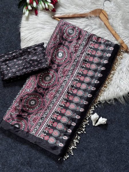 Bold Black Soft Satin Saree with Ajrakh Print and Matching Blouse Printed Cotton Sarees Wholesale