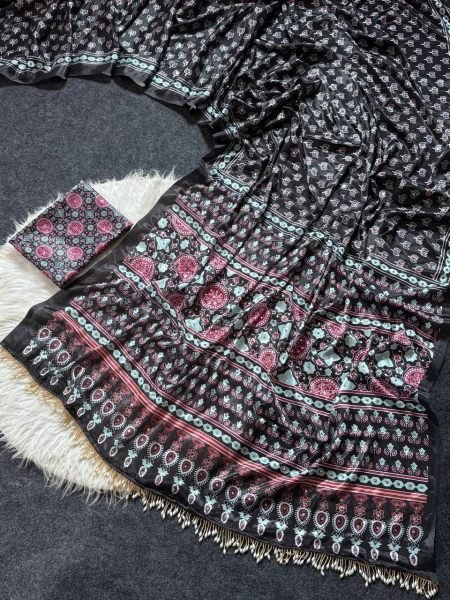 Bold Black Soft Satin Saree with Ajrakh Print and Matching Blouse Printed Cotton Sarees Wholesale