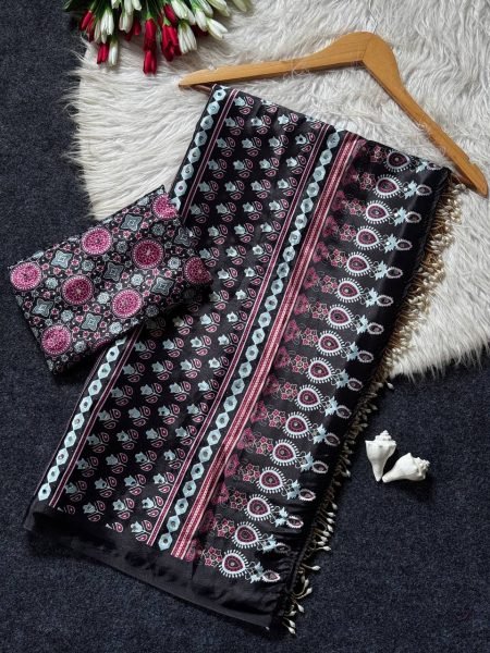 Bold Black Soft Satin Saree with Ajrakh Print and Matching Blouse Printed Cotton Sarees Wholesale