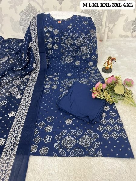 Gorgeous Blue Pure Cotton Bandhani Kurta Pant Set with Designer Neckline Work Cotton Kurtis Wholesale