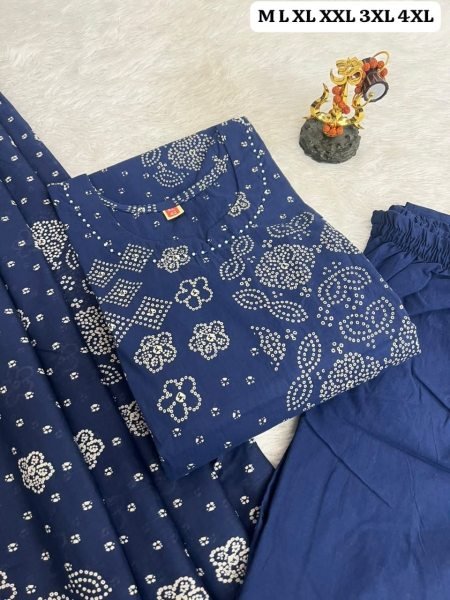 Gorgeous Blue Pure Cotton Bandhani Kurta Pant Set with Designer Neckline Work Cotton Kurtis Wholesale