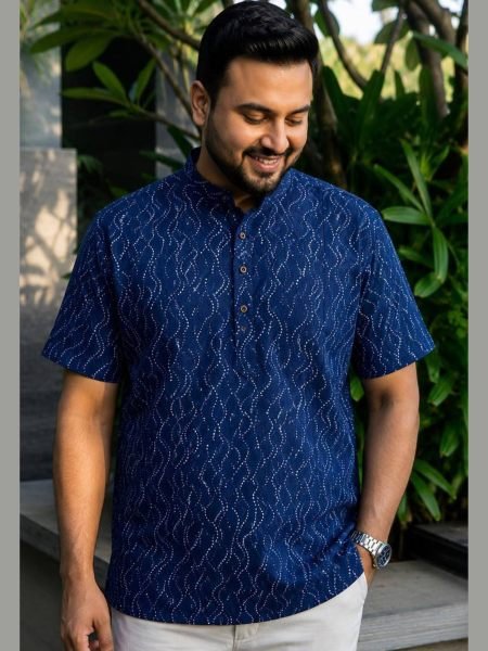 Gorgeous Blue Traditional Printed Cotton Short Kurta for Men at Wholesale Rate 
