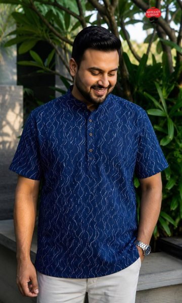 Gorgeous Blue Traditional Printed Cotton Short Kurta for Men at Wholesale Rate Mens Shirt