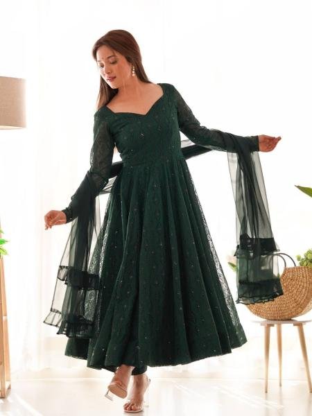 Gorgeous Bottle Green Fox Georgette Lucknowi Work Anarkali Gown with 4 Mtr. Flair for Special Occasions Kurtis