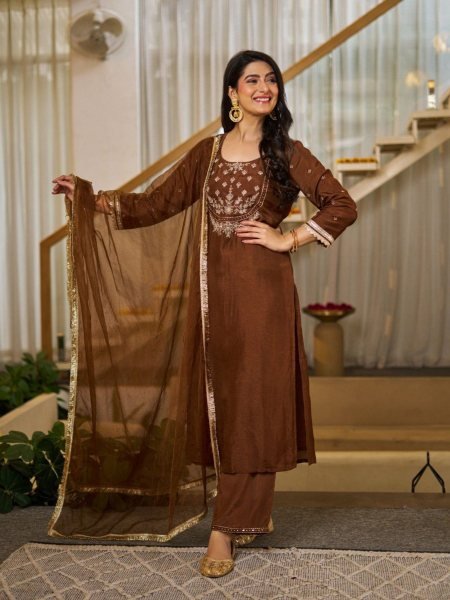 Gorgeous Brown Kurta Pant Dupatta Set for Women in Silk Fabric Kurtis