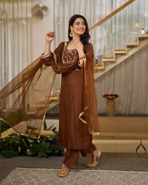 Gorgeous Brown Kurta Pant Dupatta Set for Women in Silk Fabric  Straight Cut Long Kurtis