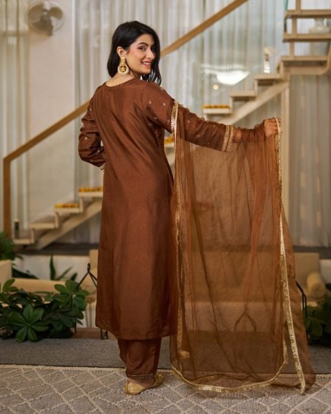Gorgeous Brown Kurta Pant Dupatta Set for Women in Silk Fabric  Straight Cut Long Kurtis