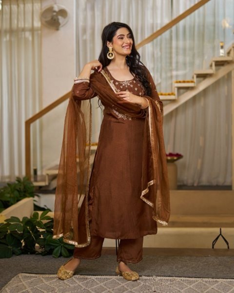 Gorgeous Brown Kurta Pant Dupatta Set for Women in Silk Fabric  Straight Cut Long Kurtis