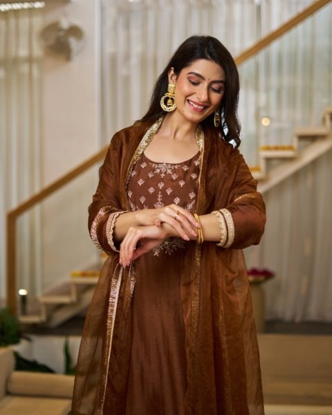 Gorgeous Brown Kurta Pant Dupatta Set for Women in Silk Fabric  Straight Cut Long Kurtis