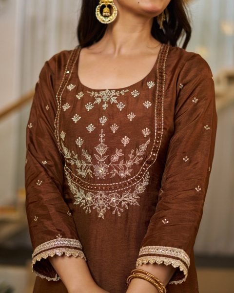 Gorgeous Brown Kurta Pant Dupatta Set for Women in Silk Fabric  Straight Cut Long Kurtis
