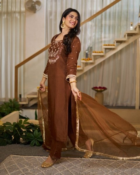 Gorgeous Brown Kurta Pant Dupatta Set for Women in Silk Fabric  Straight Cut Long Kurtis