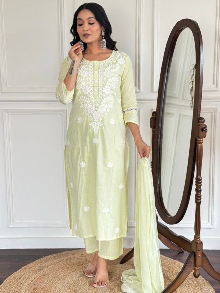 Gorgeous Cotton Kurti Pant Set with Embroidered Work Dupatta at Best Wholesale Rates Embroidery Kurtis 